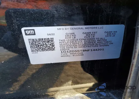 2022 Chevrolet Malibu Lt z USA, uszkodzony, nr VIN 1G1ZD5ST8NF144201